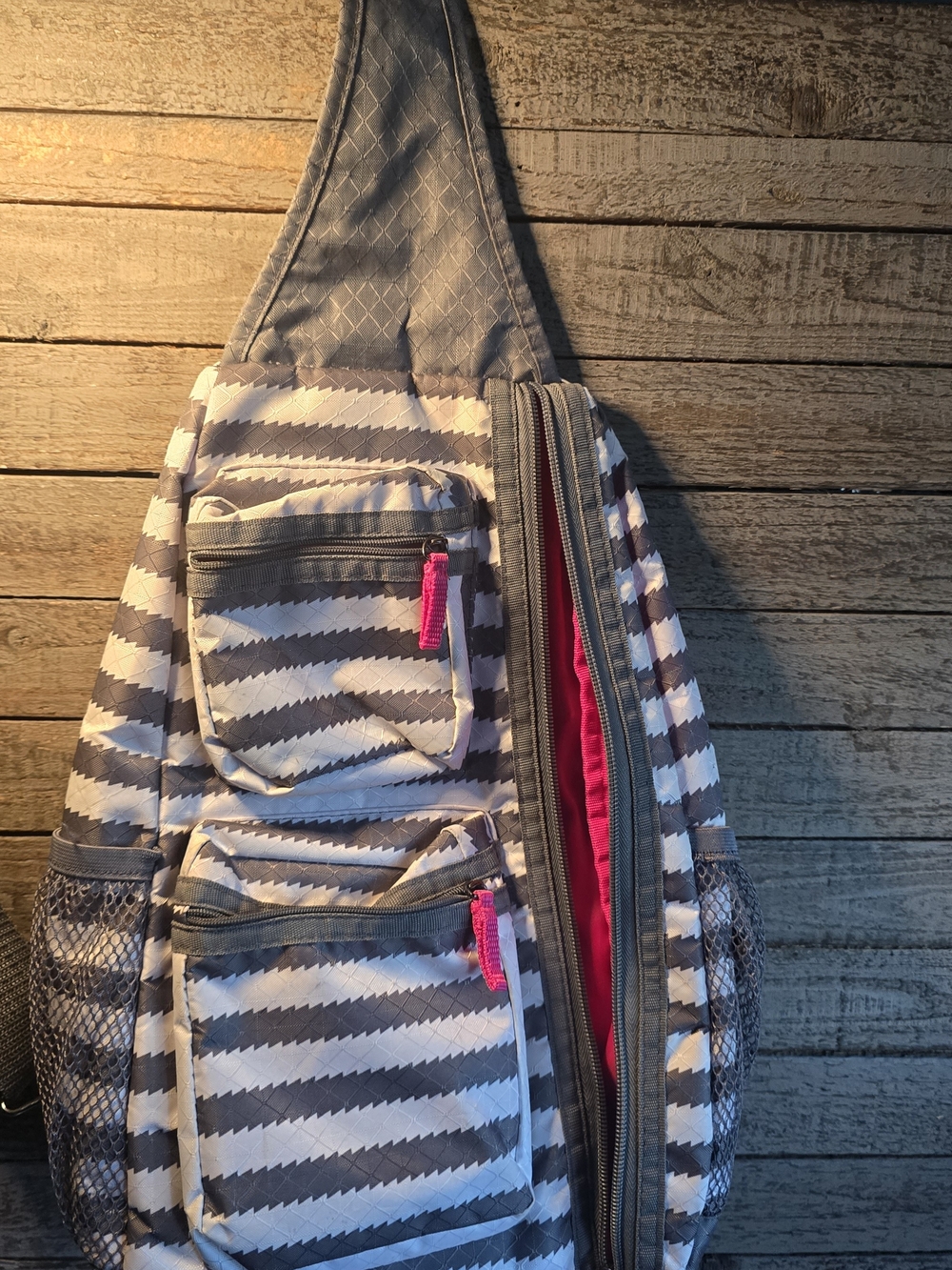 Thirty One Gray Chevron Sling Backpack with Pink Accents